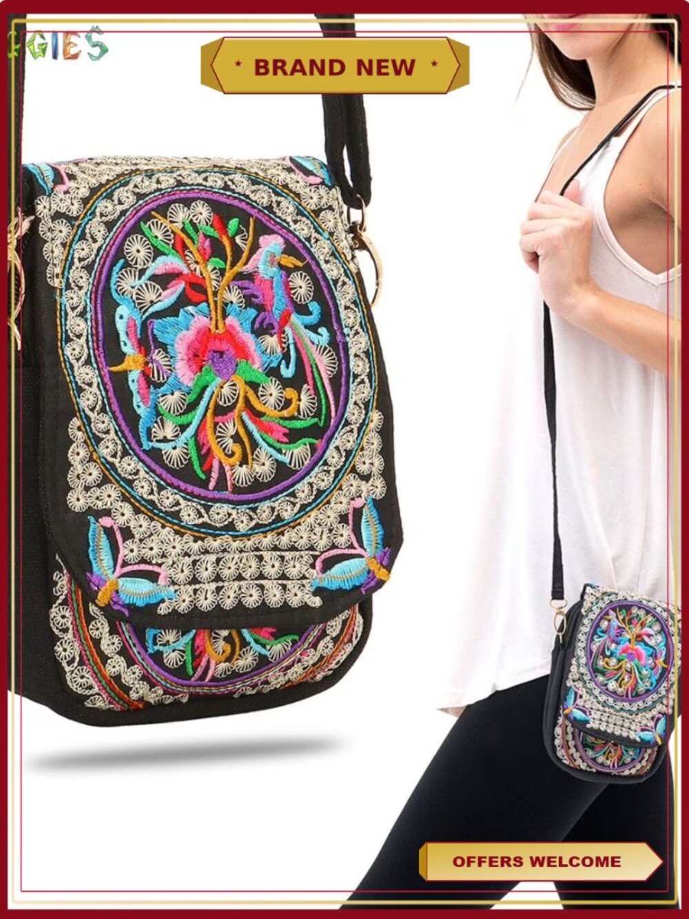 Embroidered Crossbody Bag Coin Purse Wristlet Wallet Canvas Adjustable Strap
